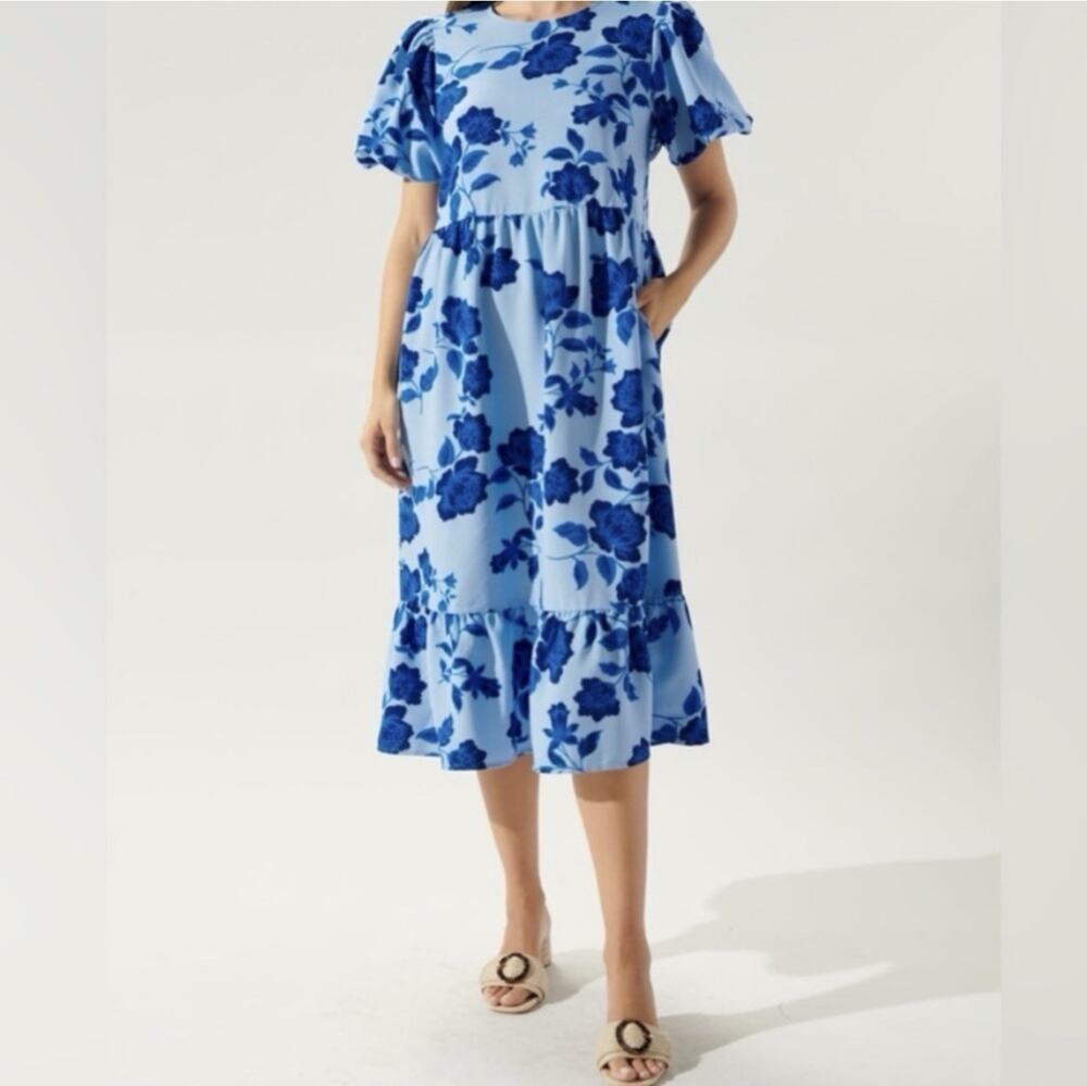 Sugarlips Women's Medium NEW NWT Blue Floral Puff Sleeve Dress Midi Cottage Core